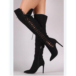 Anne Michelle Corset Lace Up Stiletto Boots,black Size7.5